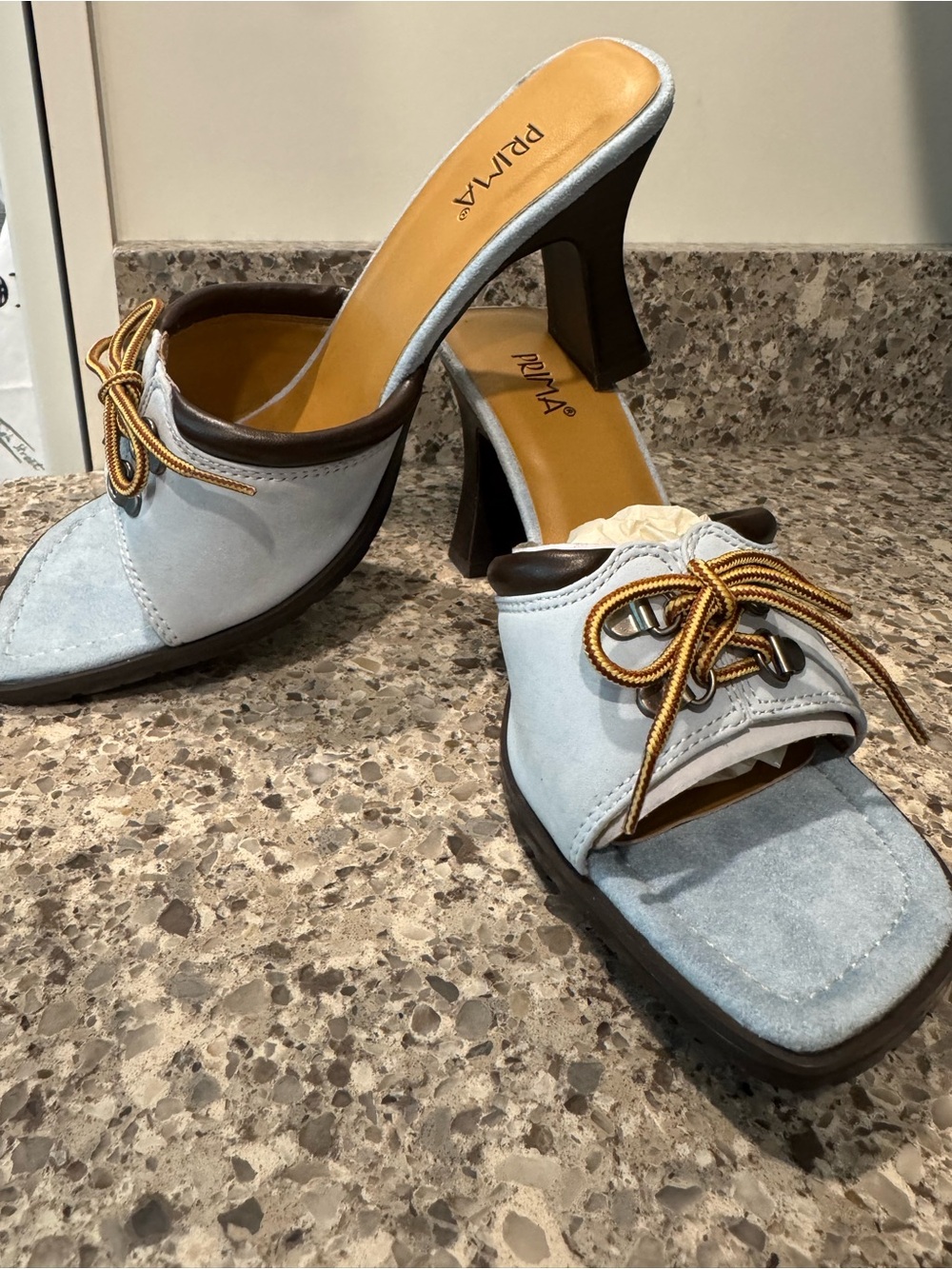 Priva Light Blue Suede Open-Toe Heeled Mules with Lace Accent